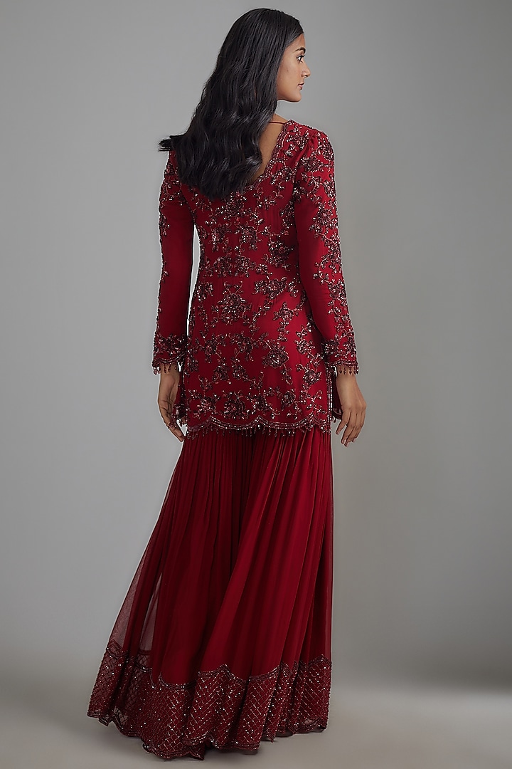 Red Georgette Embroidered Bridal Sharara Set by Malasa at Pernia's Pop Up Shop