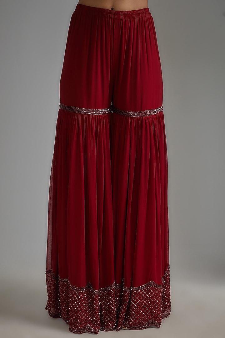 Red Georgette Embroidered Bridal Sharara Set by Malasa at Pernia's Pop Up Shop