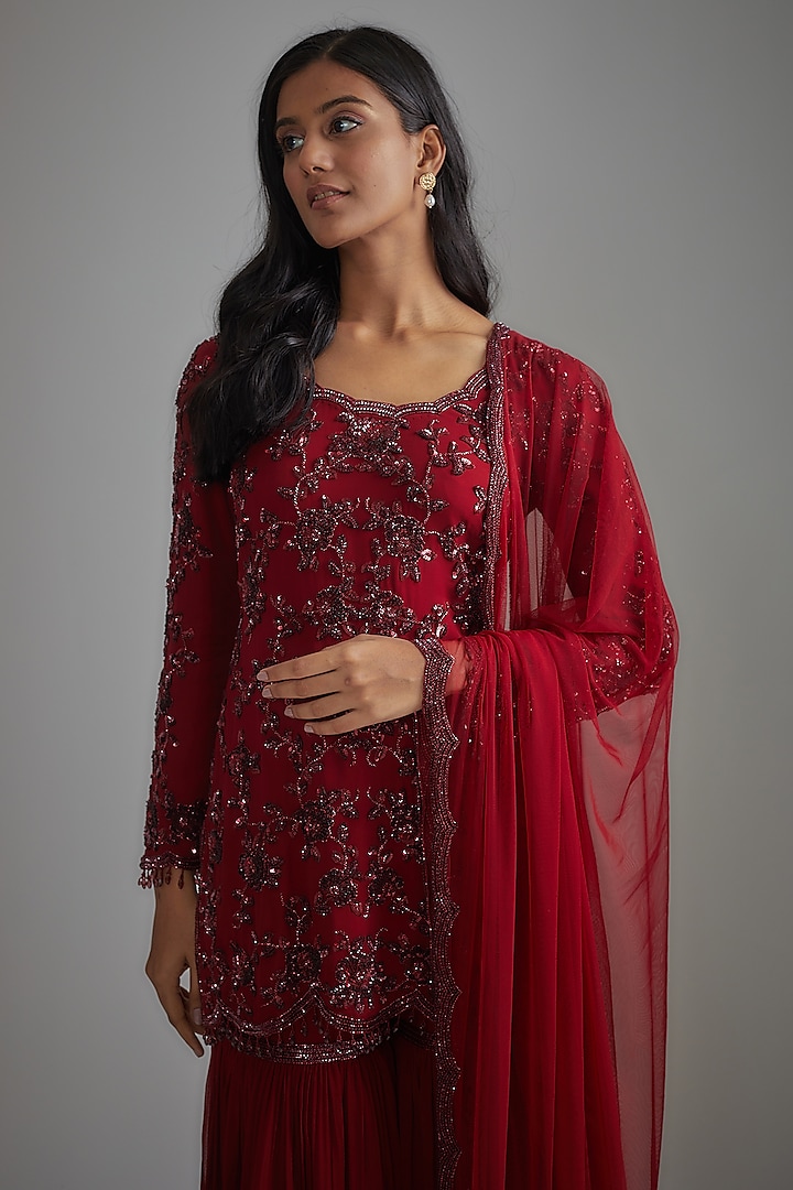 Red Georgette Embroidered Bridal Sharara Set by Malasa at Pernia's Pop Up Shop