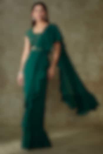 Green Georgette Ruffled Saree Set by Malasa