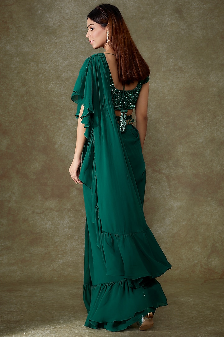 Green Georgette Ruffled Wedding Saree Set by Malasa at Pernia's Pop Up Shop