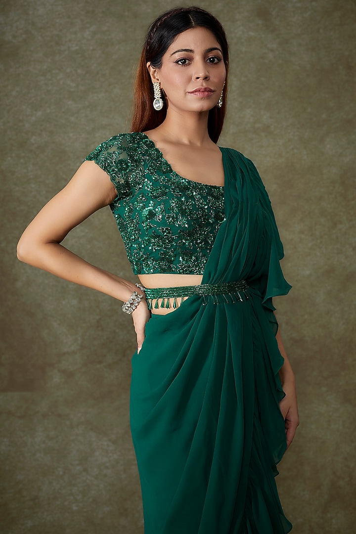 Green Georgette Ruffled Wedding Saree Set by Malasa at Pernia's Pop Up Shop