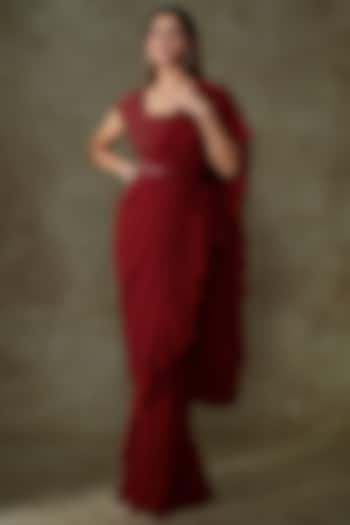 Red Georgette Ruffled Saree Set by Malasa
