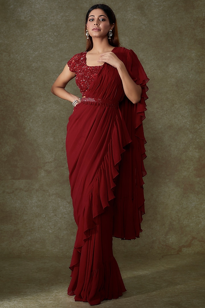 Red Georgette Ruffled Saree Set by Malasa