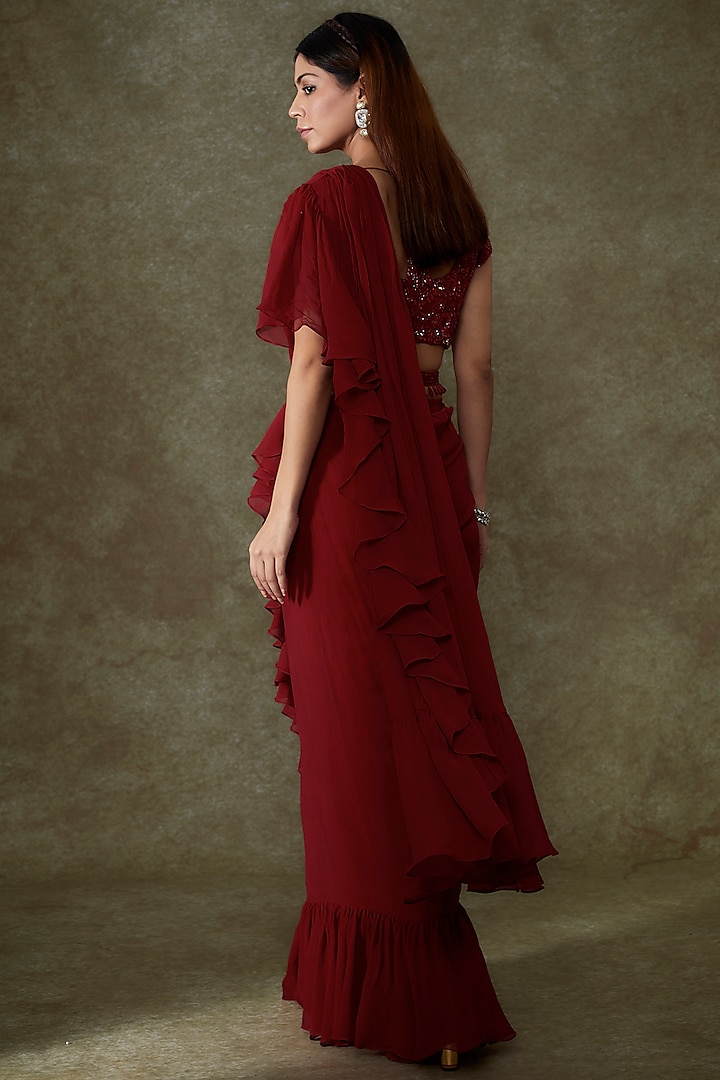 Red Georgette Ruffled Wedding Saree Set by Malasa at Pernia's Pop Up Shop