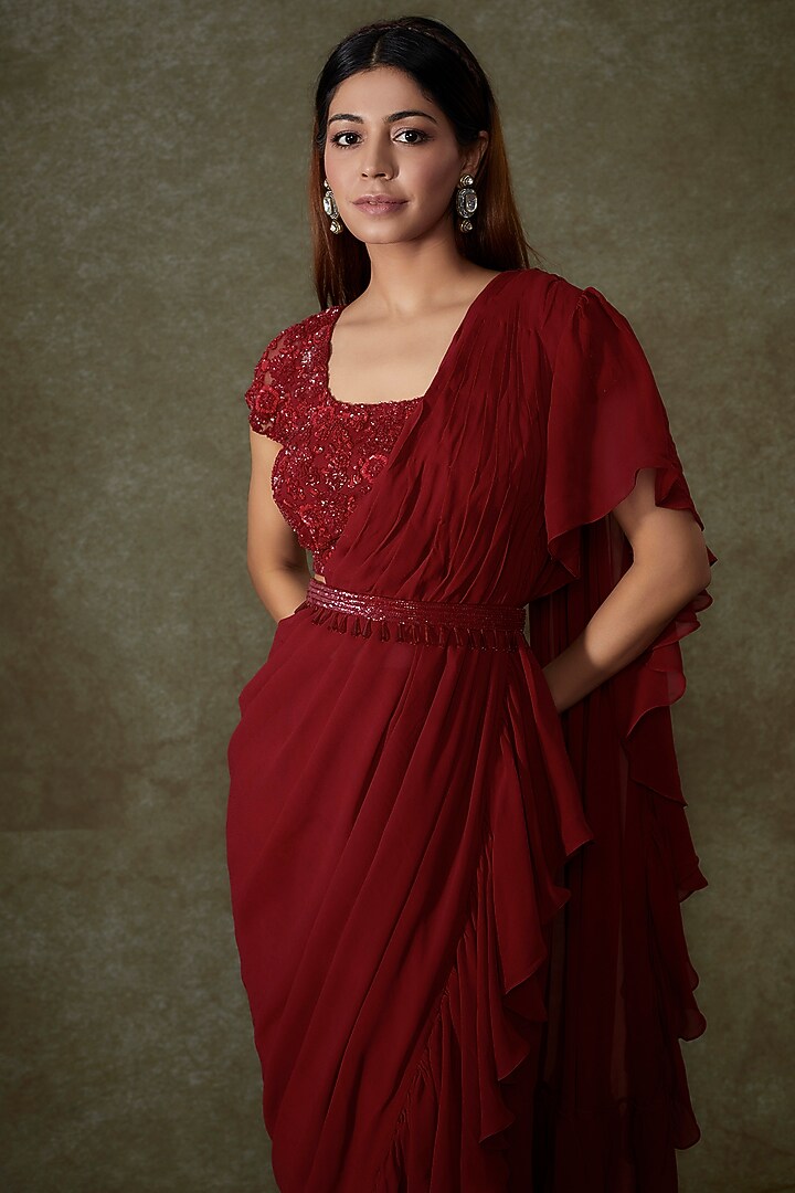 Red Georgette Ruffled Wedding Saree Set by Malasa at Pernia's Pop Up Shop