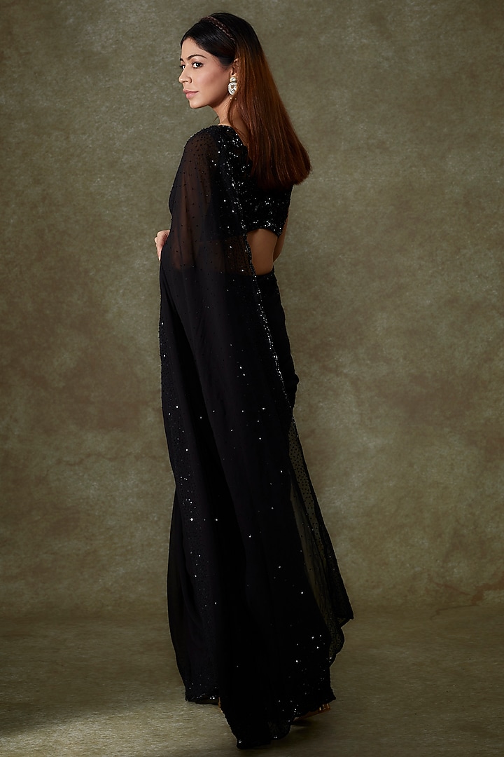 Black Georgette Wedding Saree Set by Malasa at Pernia's Pop Up Shop