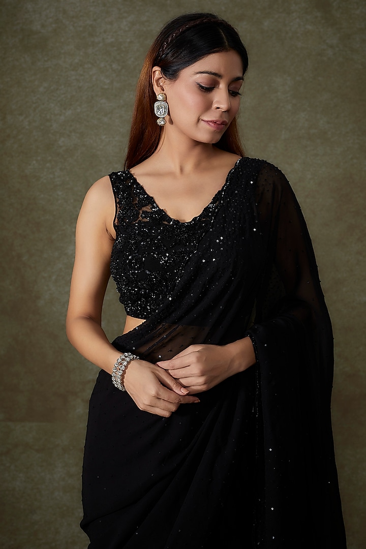 Black Georgette Wedding Saree Set by Malasa at Pernia's Pop Up Shop