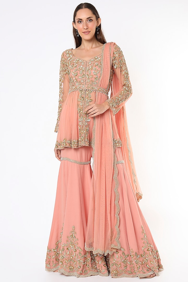 Peach Georgette Sharara Set by Malasa at Pernia's Pop Up Shop