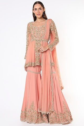 Peach Georgette Sharara Set by Malasa