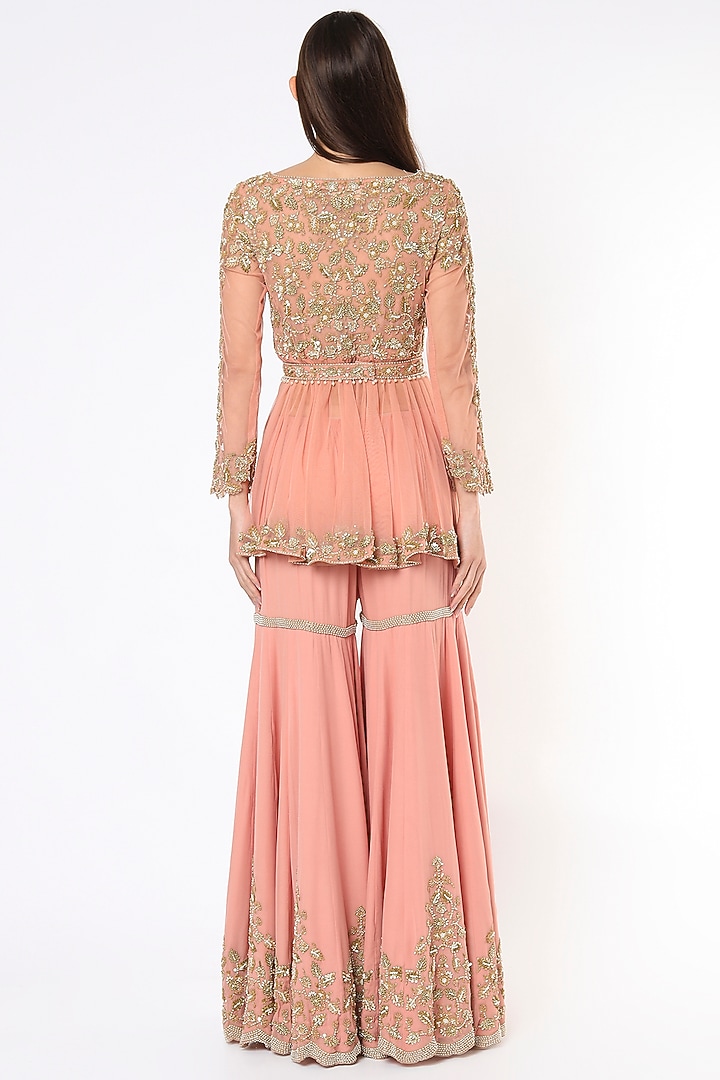 Peach Georgette Bridal Sharara Set by Malasa at Pernia's Pop Up Shop