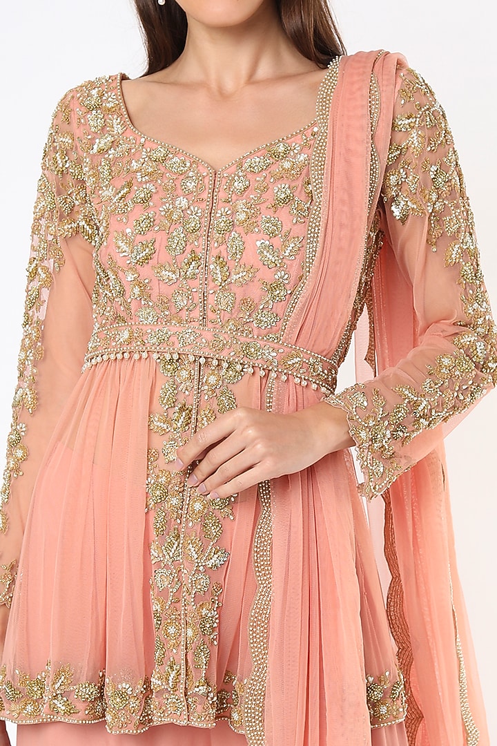 Peach Georgette Bridal Sharara Set by Malasa at Pernia's Pop Up Shop