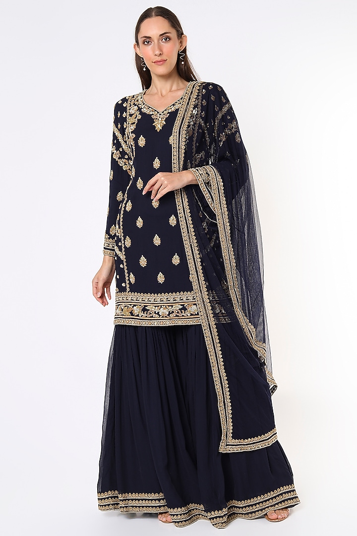 Dark Blue Georgette Wedding Sharara Set by Malasa at Pernia's Pop Up Shop