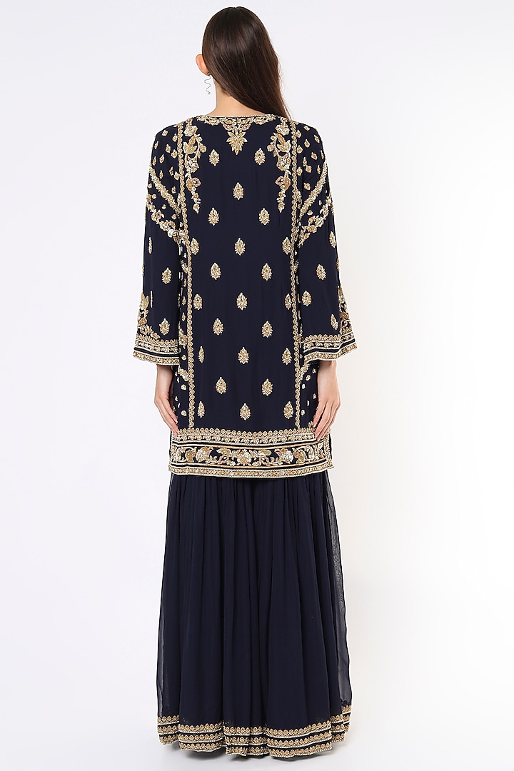 Dark Blue Georgette Wedding Sharara Set by Malasa at Pernia's Pop Up Shop