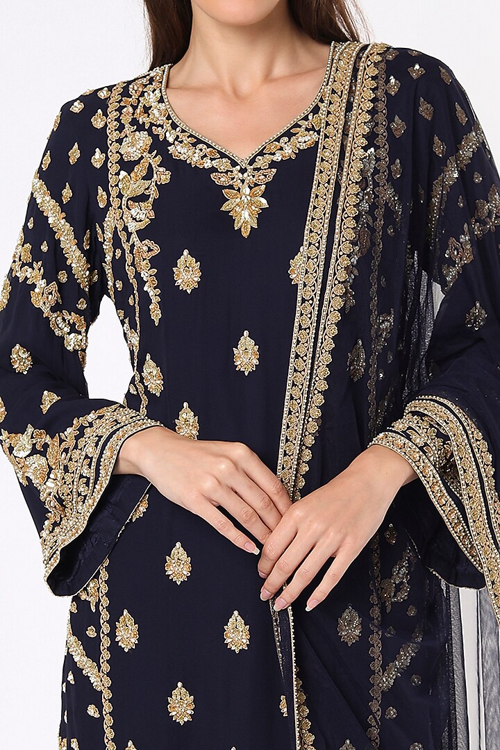 Dark Blue Georgette Wedding Sharara Set by Malasa at Pernia's Pop Up Shop