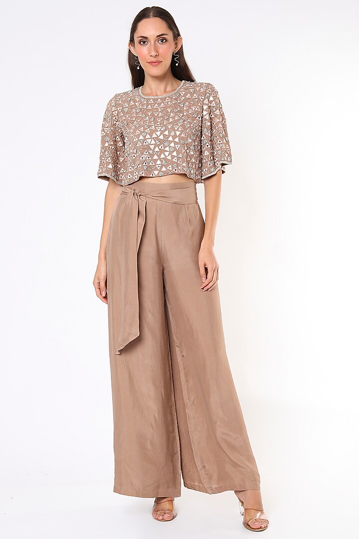 Nude Silk Satin Pant Set by Malasa at Pernia's Pop Up Shop