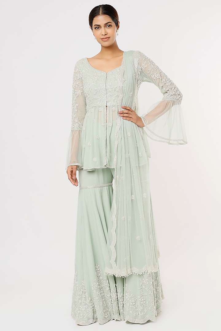 Seafoam Embroidered Bridal Sharara Set by Malasa at Pernia's Pop Up Shop