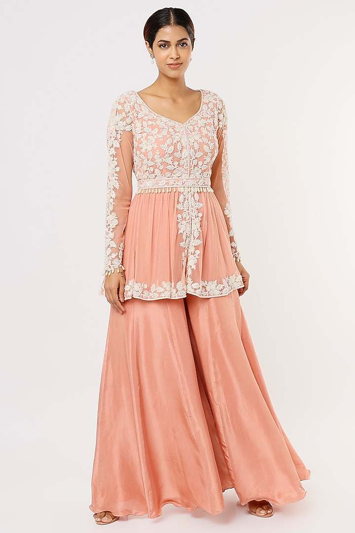 Pink Silk Satin Wedding Sharara Set by Malasa at Pernia's Pop Up Shop