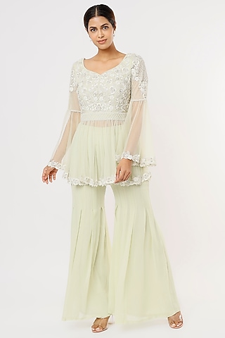 Mint Green Embroidered Kurta Set by Malasa