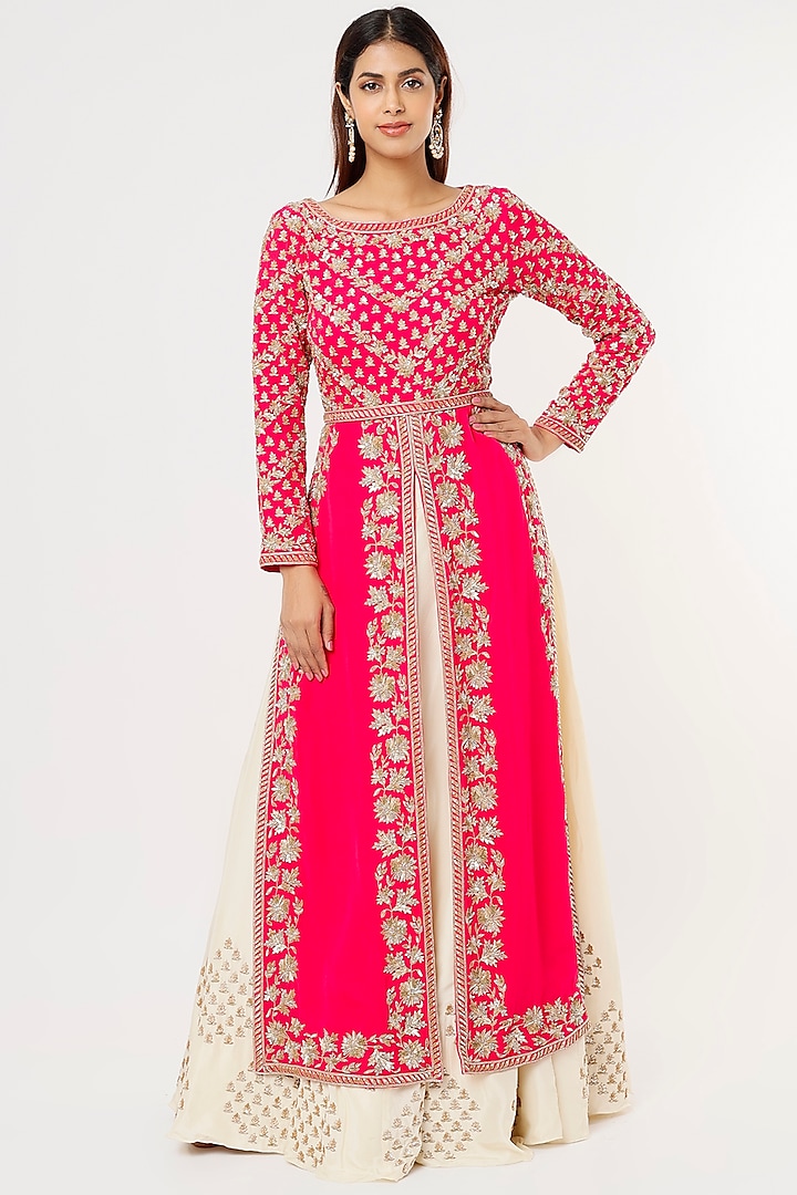 Hot Pink Hand Embroidered Jacket Set by Malasa at Pernia's Pop Up Shop