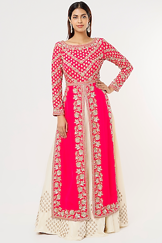 Hot Pink Hand Embroidered Jacket Set by Malasa