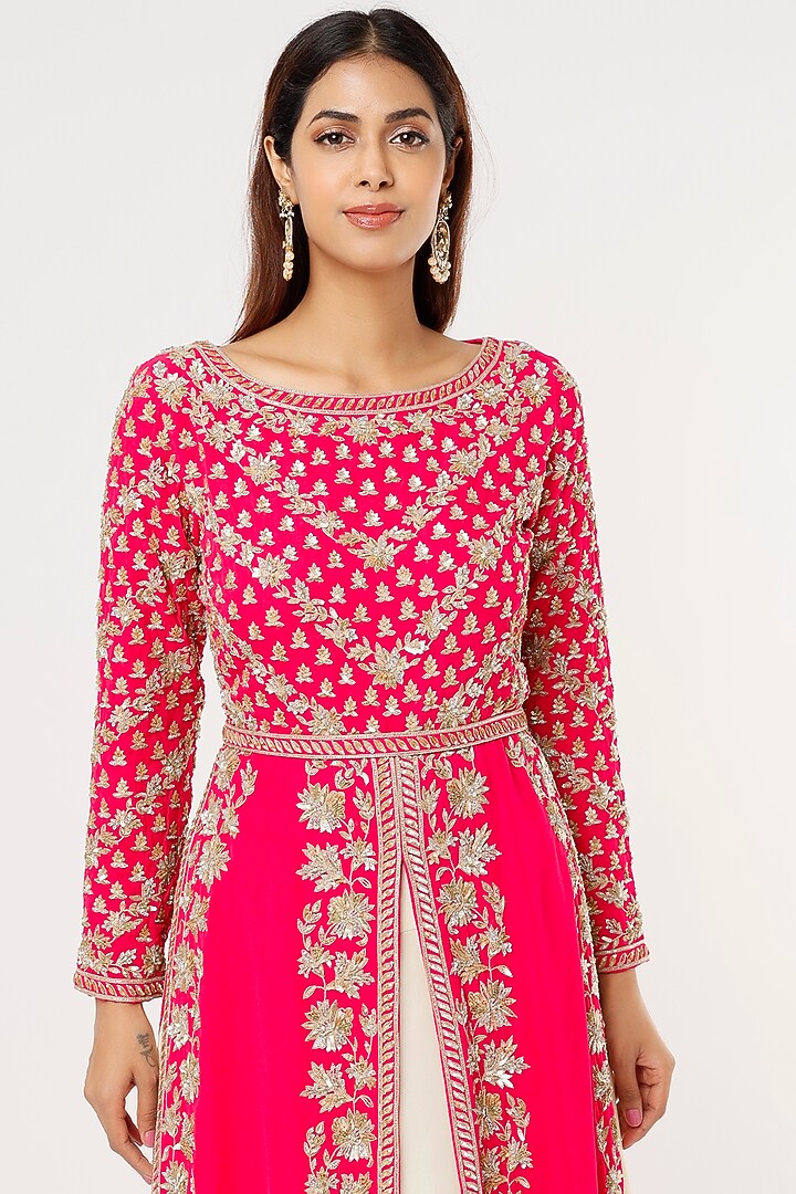 Hot Pink Hand Embroidered Jacket Set by Malasa at Pernia's Pop Up Shop