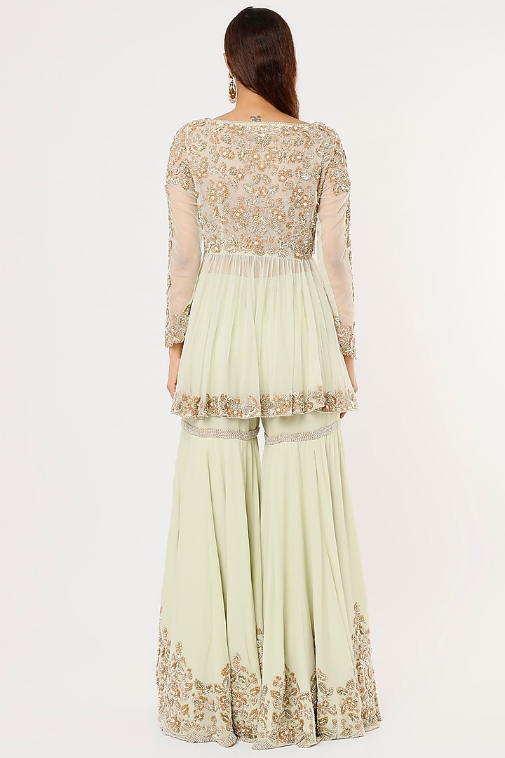 Sage Green Georgette Bridal Sharara Set With Belt by Malasa at Pernia's Pop Up Shop