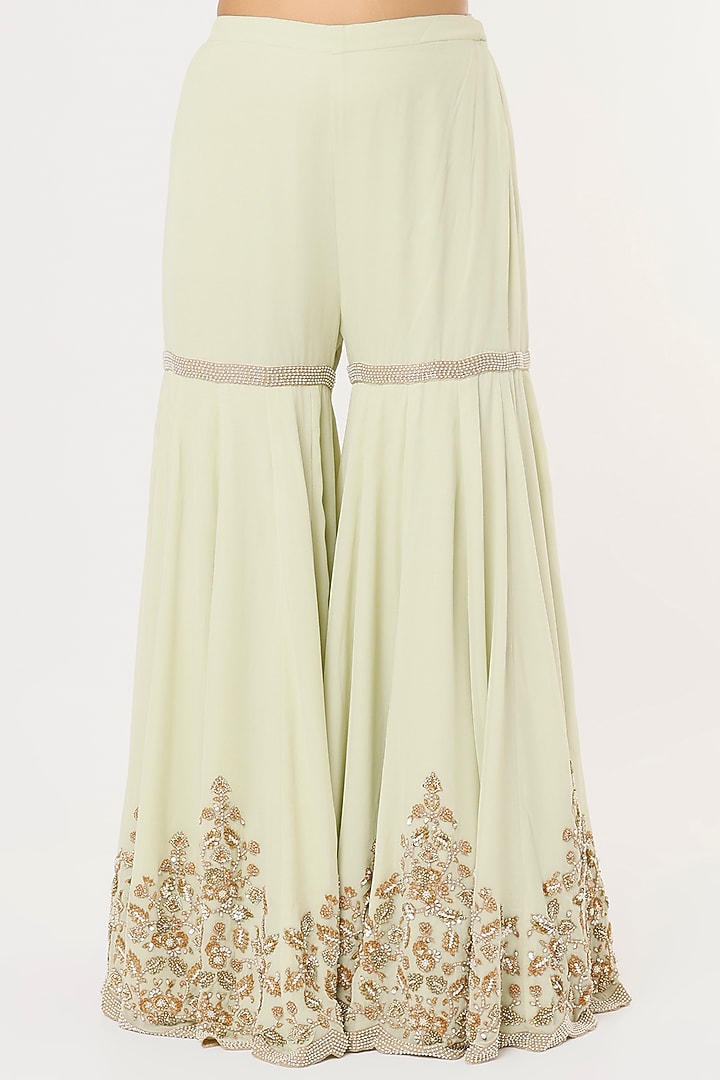 Sage Green Georgette Bridal Sharara Set With Belt by Malasa at Pernia's Pop Up Shop