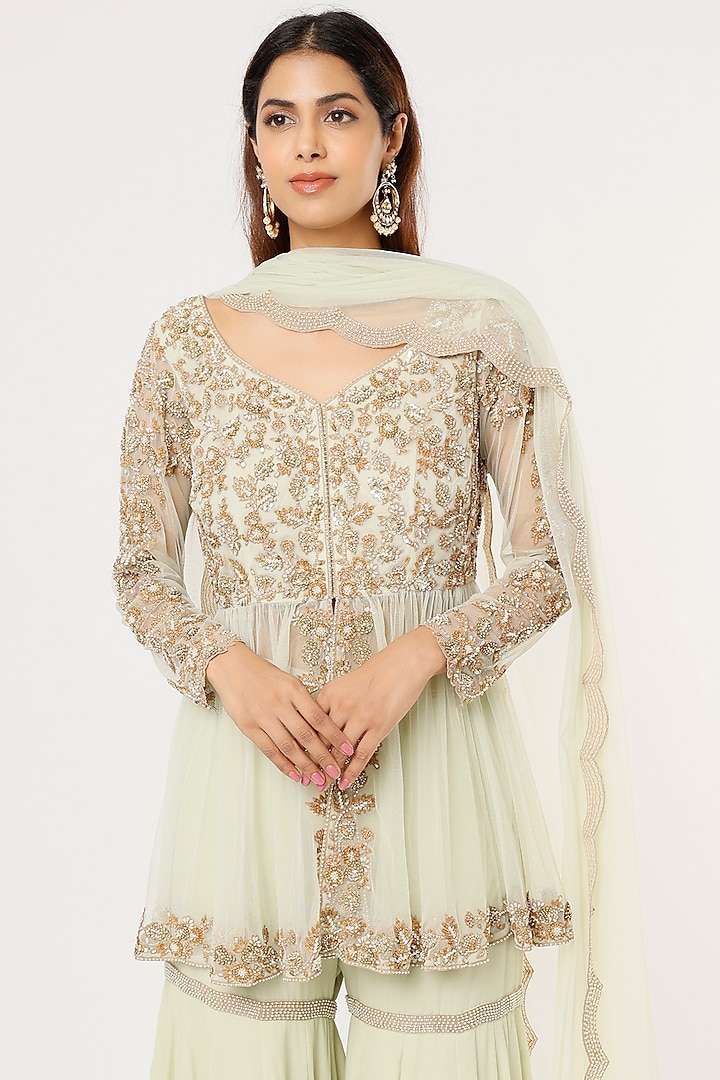 Sage Green Georgette Bridal Sharara Set With Belt by Malasa at Pernia's Pop Up Shop