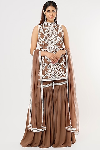 Brown Georgette Sharara Set by Malasa