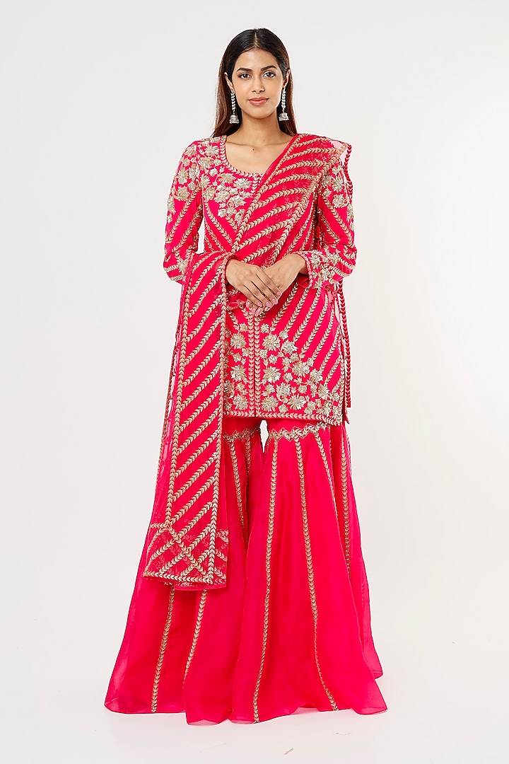 Hot Pink Organza Sharara Set by Malasa