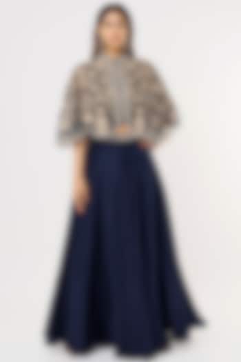 Dark Navy Blue Silk Satin Skirt Set by Malasa at Pernia's Pop Up Shop