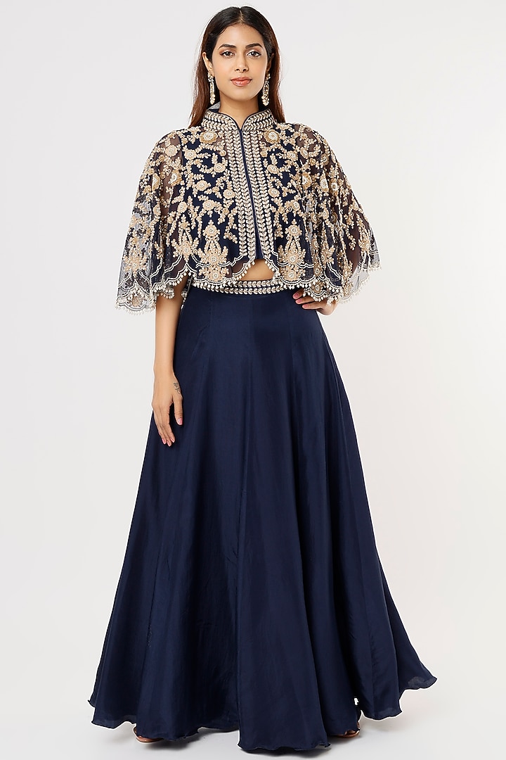 Dark Navy Blue Silk Satin Skirt Set by Malasa at Pernia's Pop Up Shop