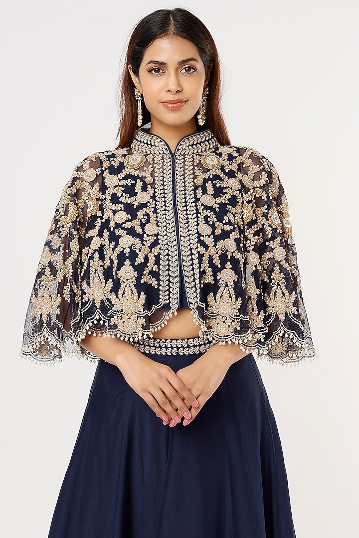Dark Navy Blue Silk Satin Skirt Set by Malasa at Pernia's Pop Up Shop