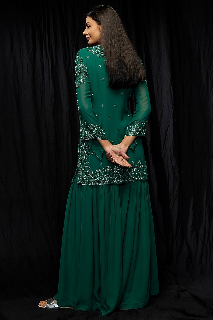 Green Georgette Wedding Sharara Set by Malasa at Pernia's Pop Up Shop