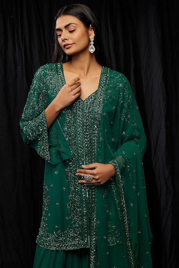 Green Georgette Wedding Sharara Set by Malasa at Pernia's Pop Up Shop