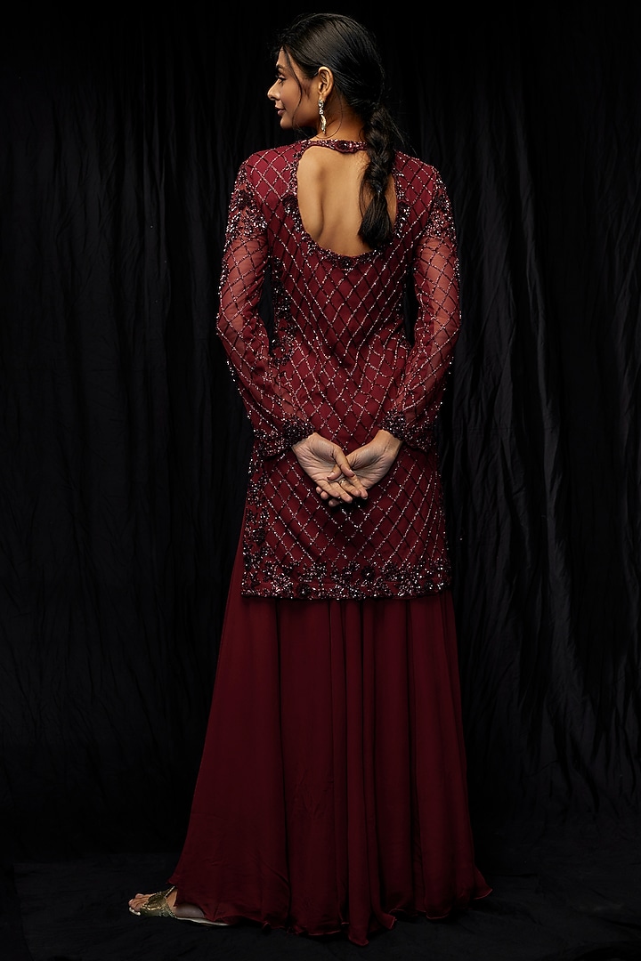 Wine Georgette Bridal Sharara Set by Malasa at Pernia's Pop Up Shop