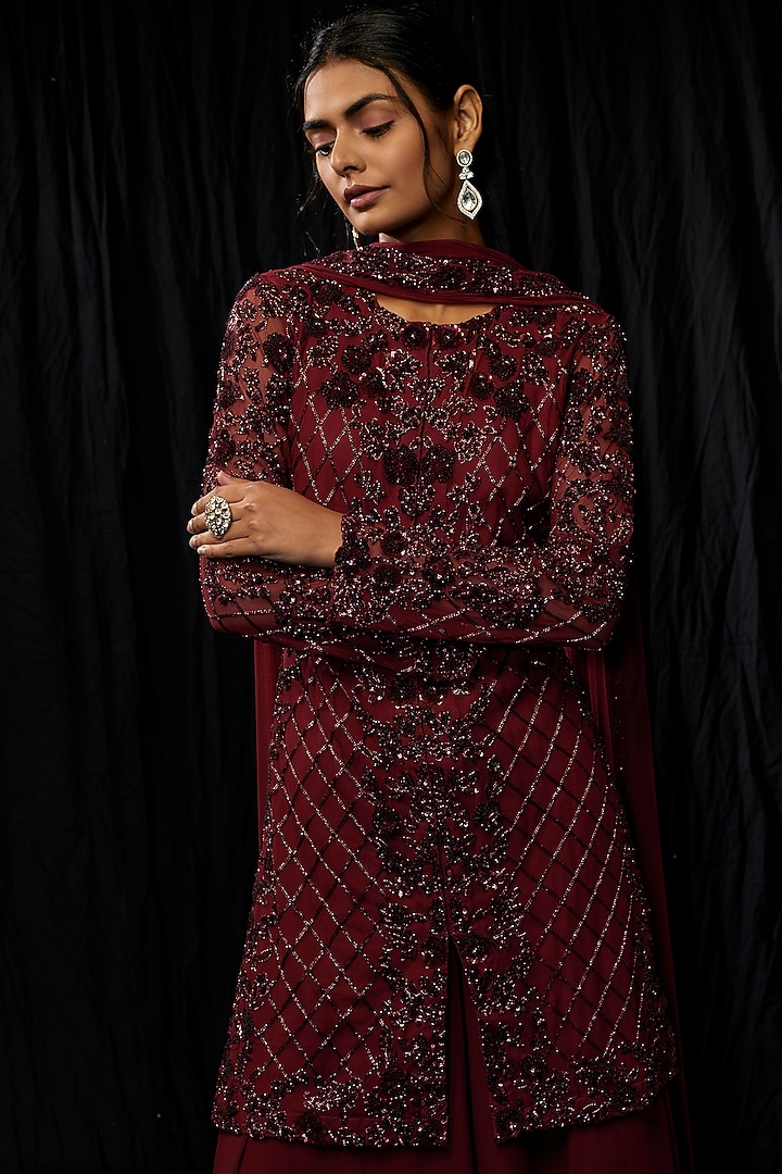 Wine Georgette Bridal Sharara Set by Malasa at Pernia's Pop Up Shop