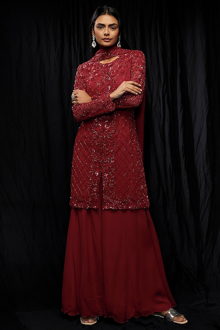 Red Georgette Sharara Set by Malasa at Pernia's Pop Up Shop