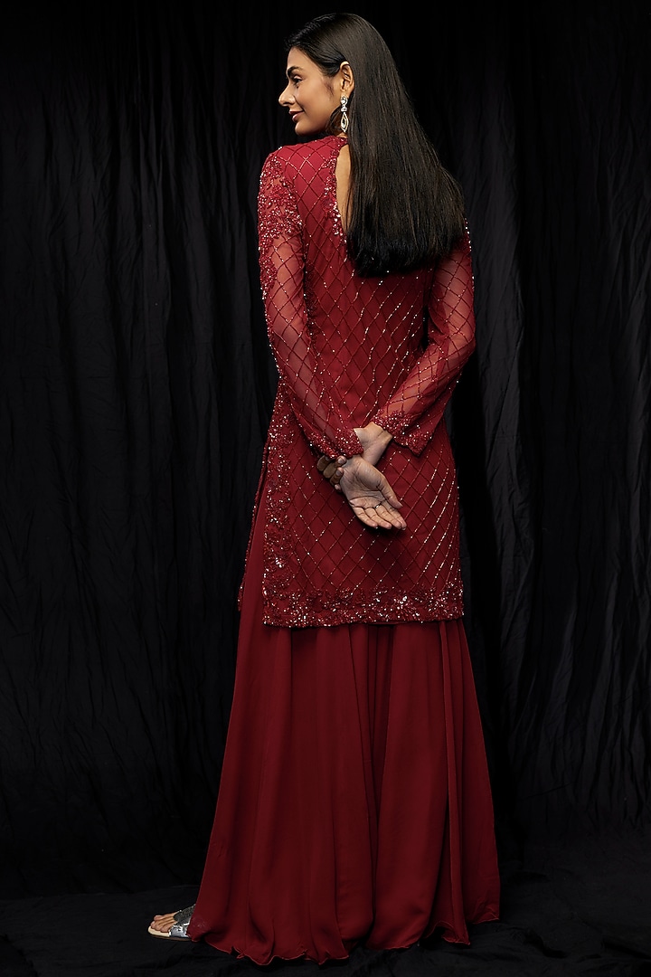 Red Georgette Bridal Sharara Set by Malasa at Pernia's Pop Up Shop