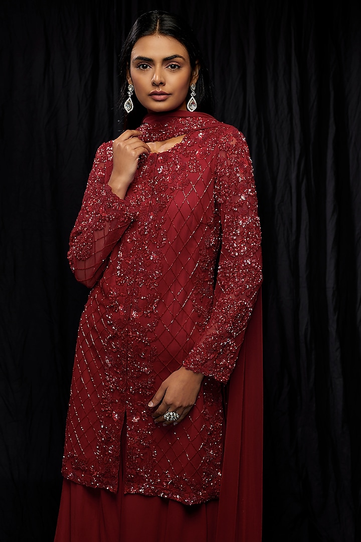 Red Georgette Bridal Sharara Set by Malasa at Pernia's Pop Up Shop