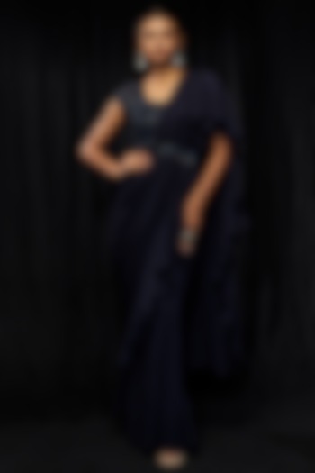 Navy Blue Georgette Wedding Saree Set by Malasa at Pernia's Pop Up Shop