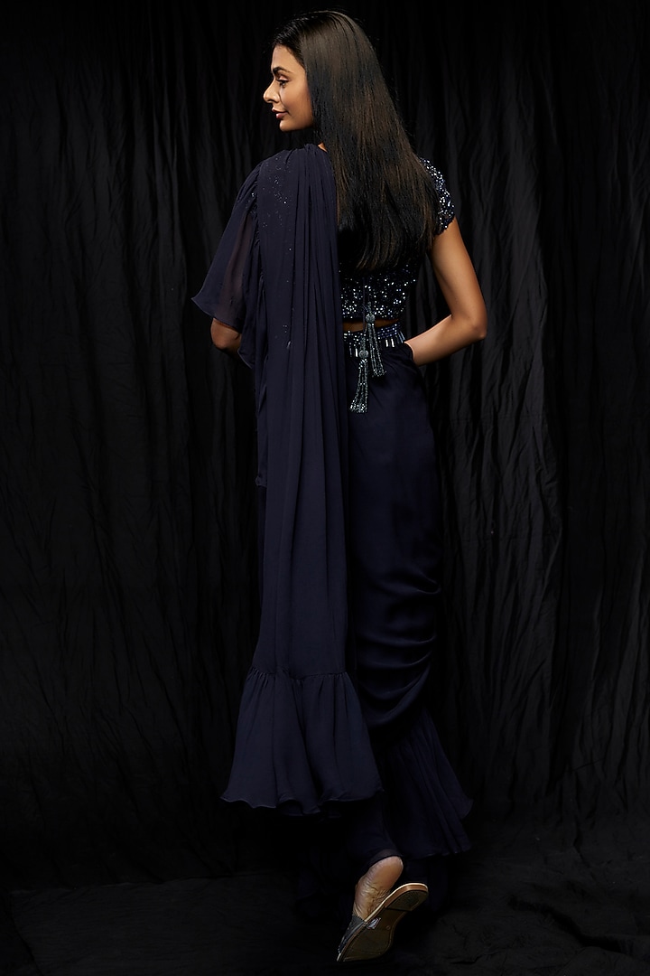 Navy Blue Georgette Wedding Saree Set by Malasa at Pernia's Pop Up Shop