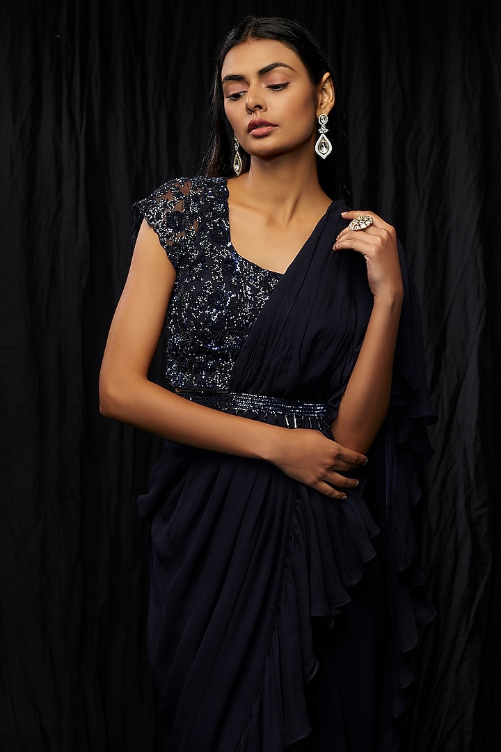 Navy Blue Georgette Wedding Saree Set by Malasa at Pernia's Pop Up Shop