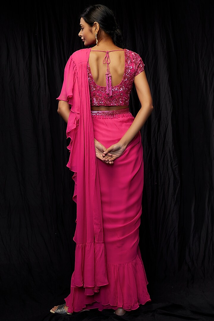 Pink Georgette Wedding Saree Set by Malasa at Pernia's Pop Up Shop