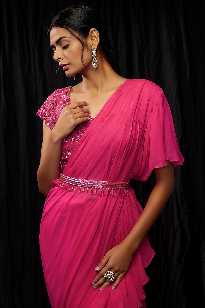 Pink Georgette Wedding Saree Set by Malasa at Pernia's Pop Up Shop