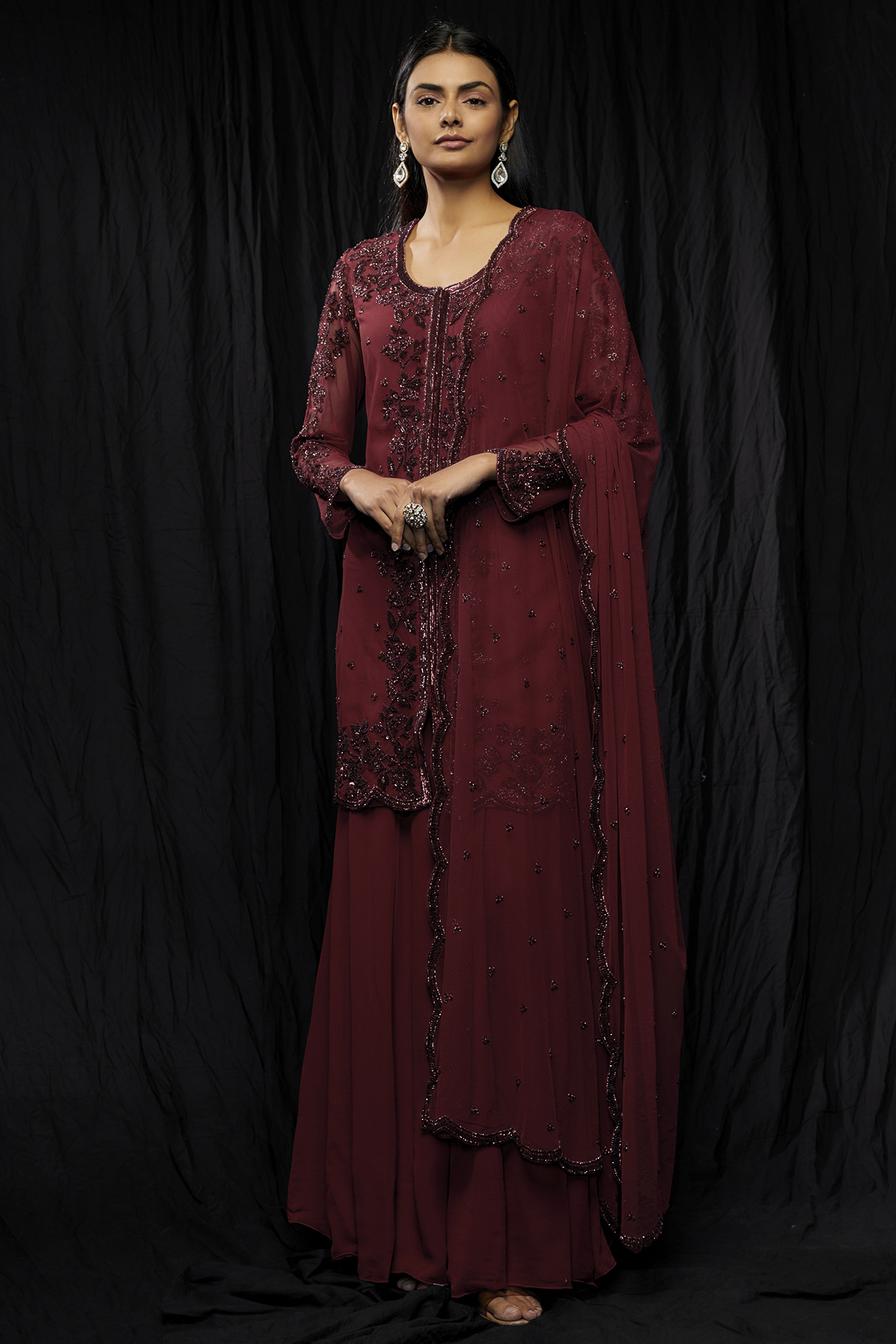 Maroon Georgette Wedding Sharara Set by Malasa at Pernia's Pop Up Shop