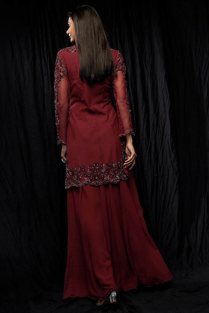 Maroon Georgette Wedding Sharara Set by Malasa at Pernia's Pop Up Shop