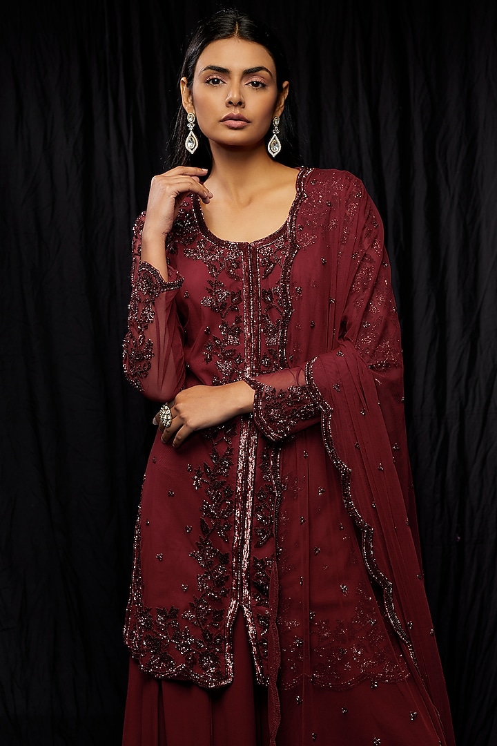 Maroon Georgette Wedding Sharara Set by Malasa at Pernia's Pop Up Shop