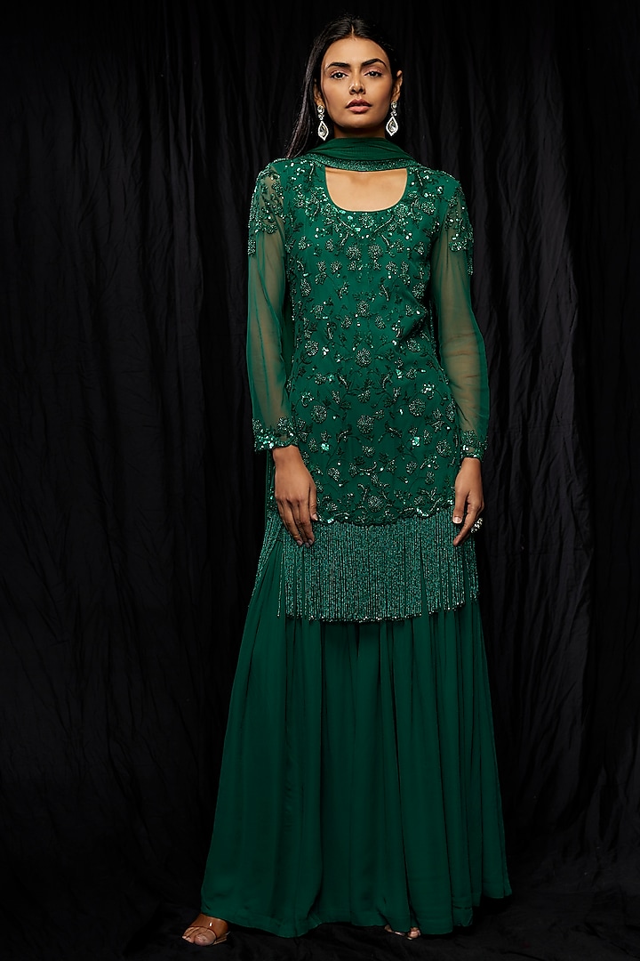 Green Georgette Sharara Set by Malasa at Pernia's Pop Up Shop